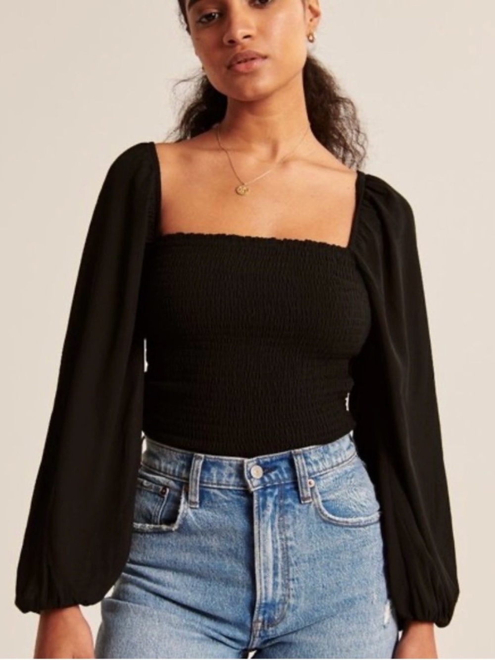 Abercrombie & Fitch Black Smocked Square-Neck Blouse